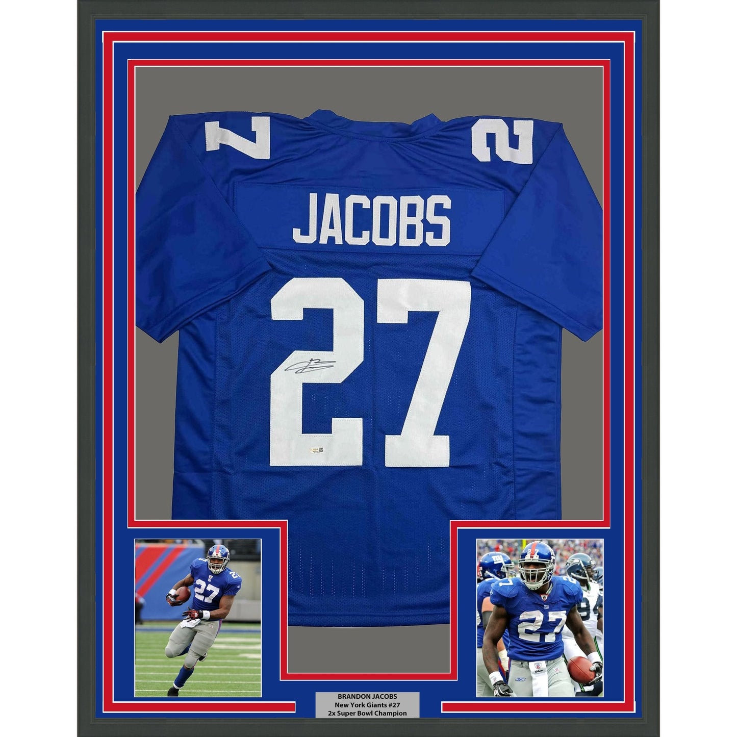 Framed Autographed/Signed Brandon Jacobs 35x39 New York Blue Football Jersey Beckett BAS COA