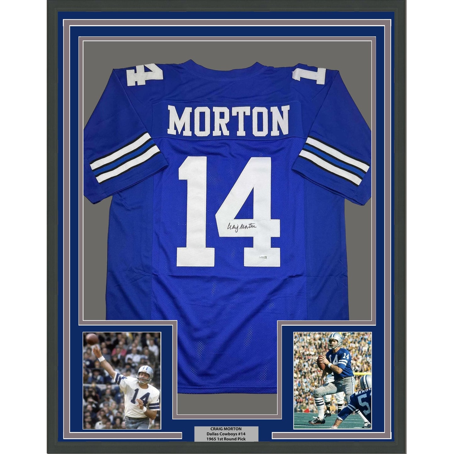 Framed Autographed/Signed Craig Morton 35x39 Dallas Blue Football Jersey JSA COA