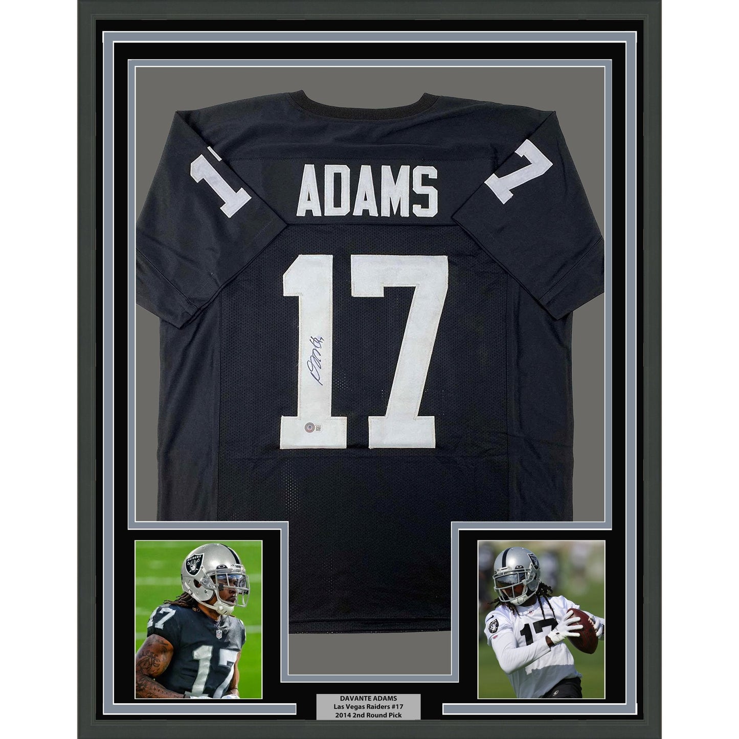 Framed Autographed/Signed Davante Adams 35x39 Las Vegas Oakland Black Football Jersey Beckett BAS COA