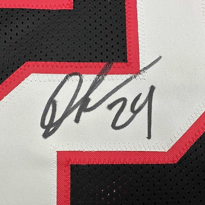 Framed Autographed/Signed Devonta Freeman 35x39 Atlanta Retro Black Football Jersey Beckett BAS COA