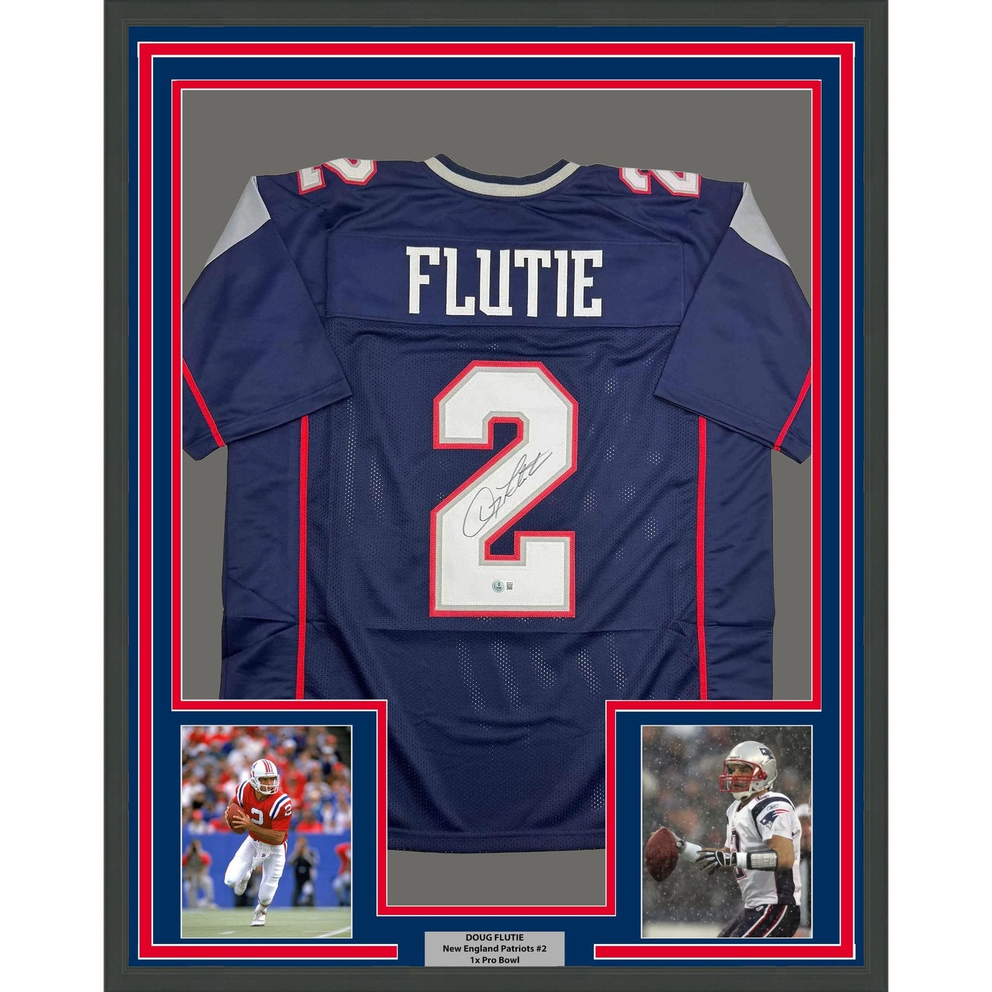 Framed Autographed/Signed Doug Flutie 35x39 New England Blue Football Jersey Beckett BAS COA