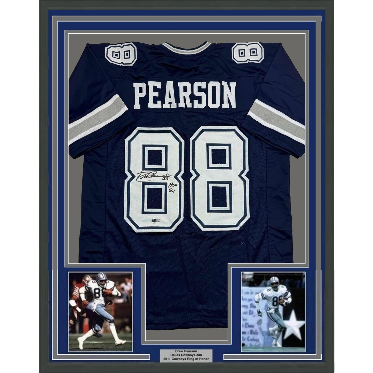 Framed Autographed/Signed Drew Pearson 35x39 Dallas Navy Football Jersey Beckett BAS COA