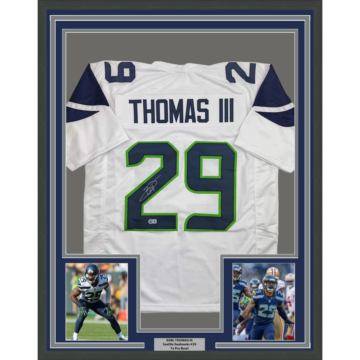 Framed Autographed/Signed Earl Thomas III 35x39 Seattle White Football Jersey Beckett BAS COA