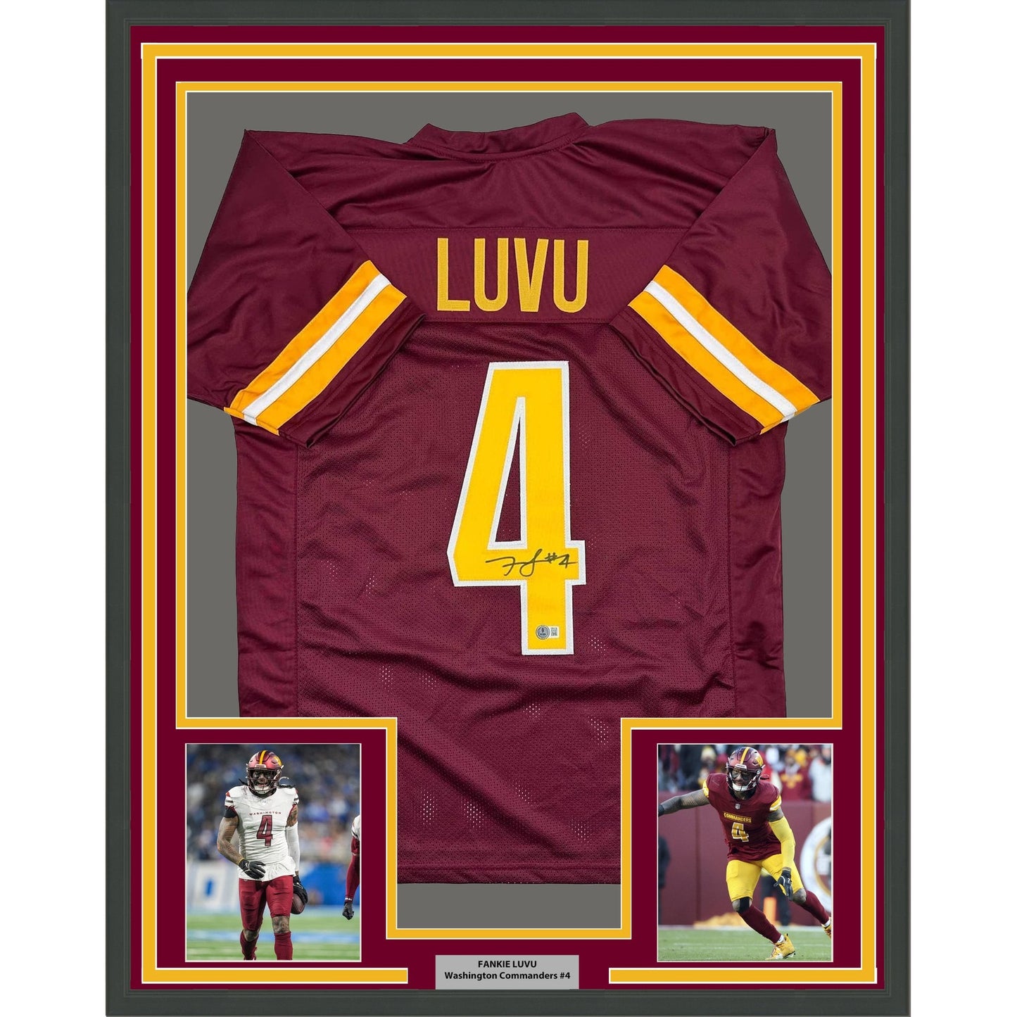 Framed Autographed/Signed Frankie Luvu 35x38 Washington Burgundy Football Jersey Beckett BAS COA