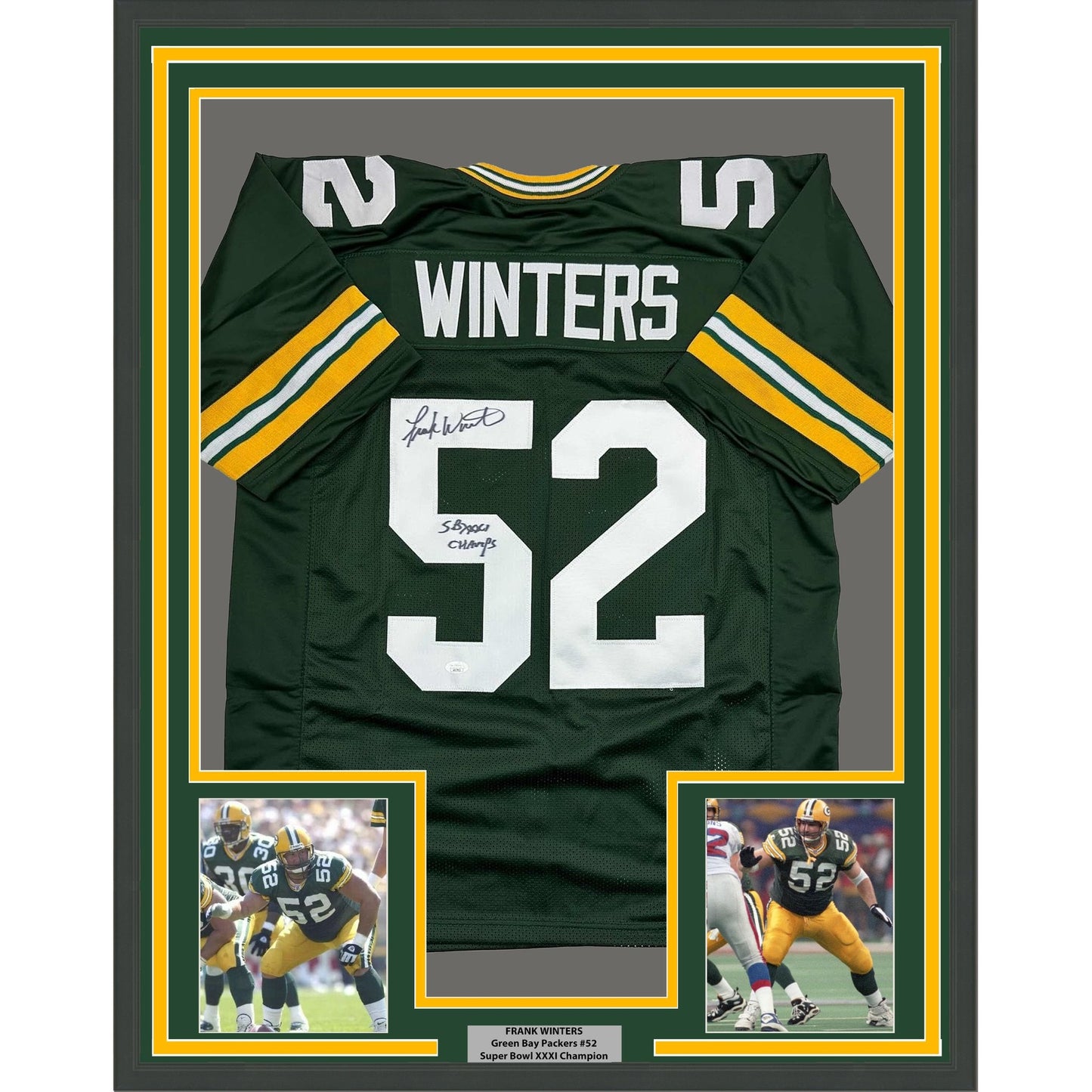 Framed Autographed/Signed Frank Winters 35x39 SB XXXI Champs Green Bay Green Football Jersey JSA COA