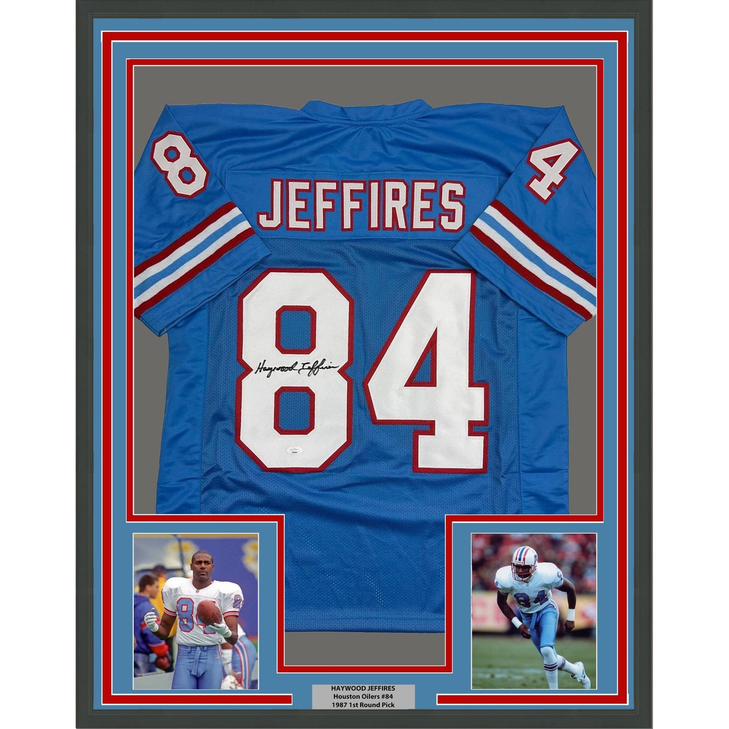 Framed Autographed/Signed Haywood Jeffires 35x39 Tennessee Retro Light Blue Football Jersey JSA COA