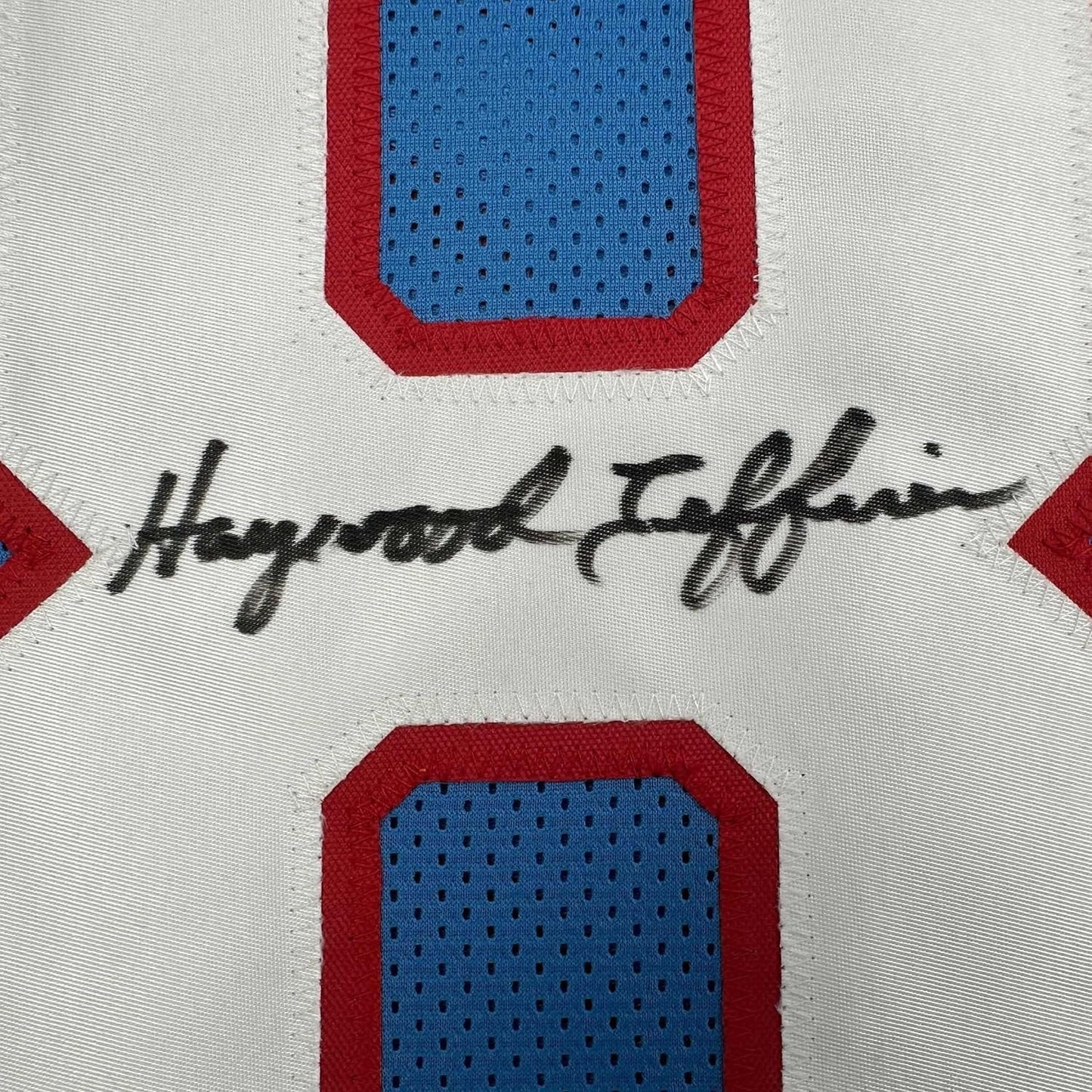 Framed Autographed/Signed Haywood Jeffires 35x39 Tennessee Retro Light Blue Football Jersey JSA COA
