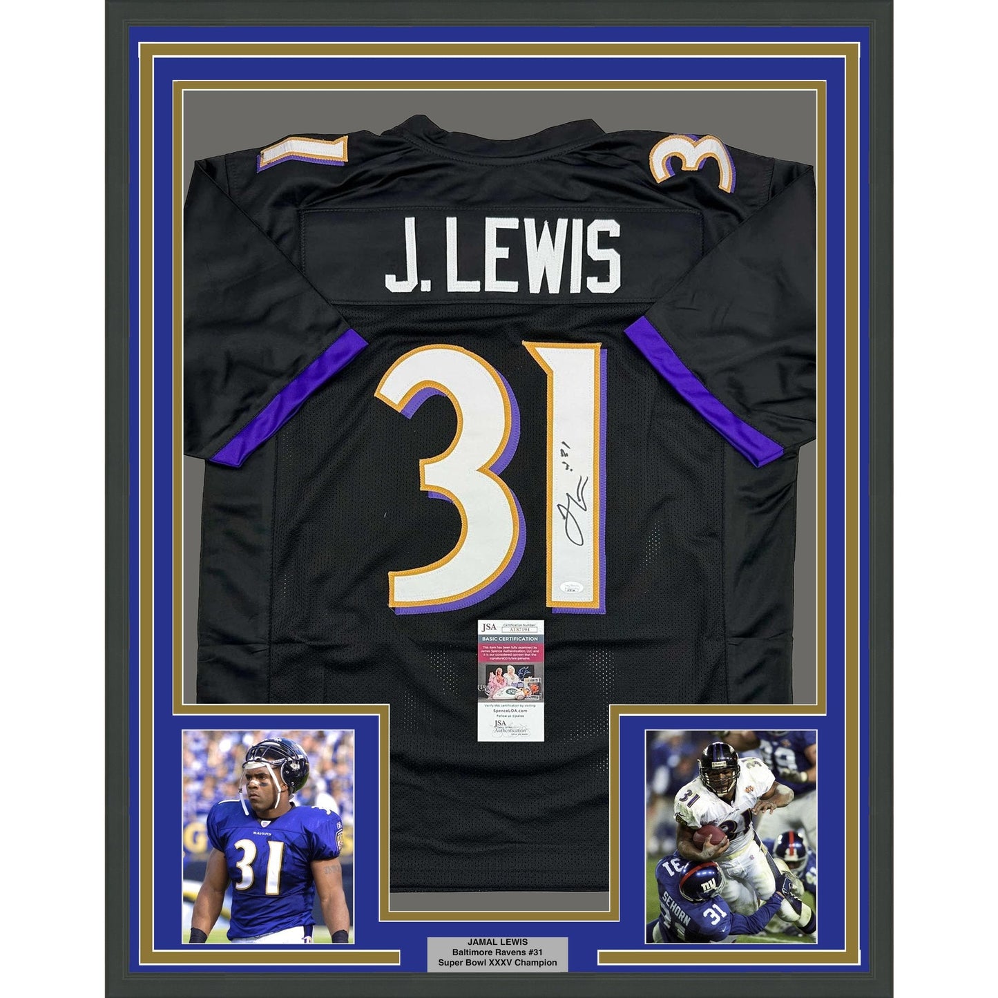 Framed Autographed/Signed Jamal Lewis 35x39 Baltimore Black Football Jersey Beckett BAS COA