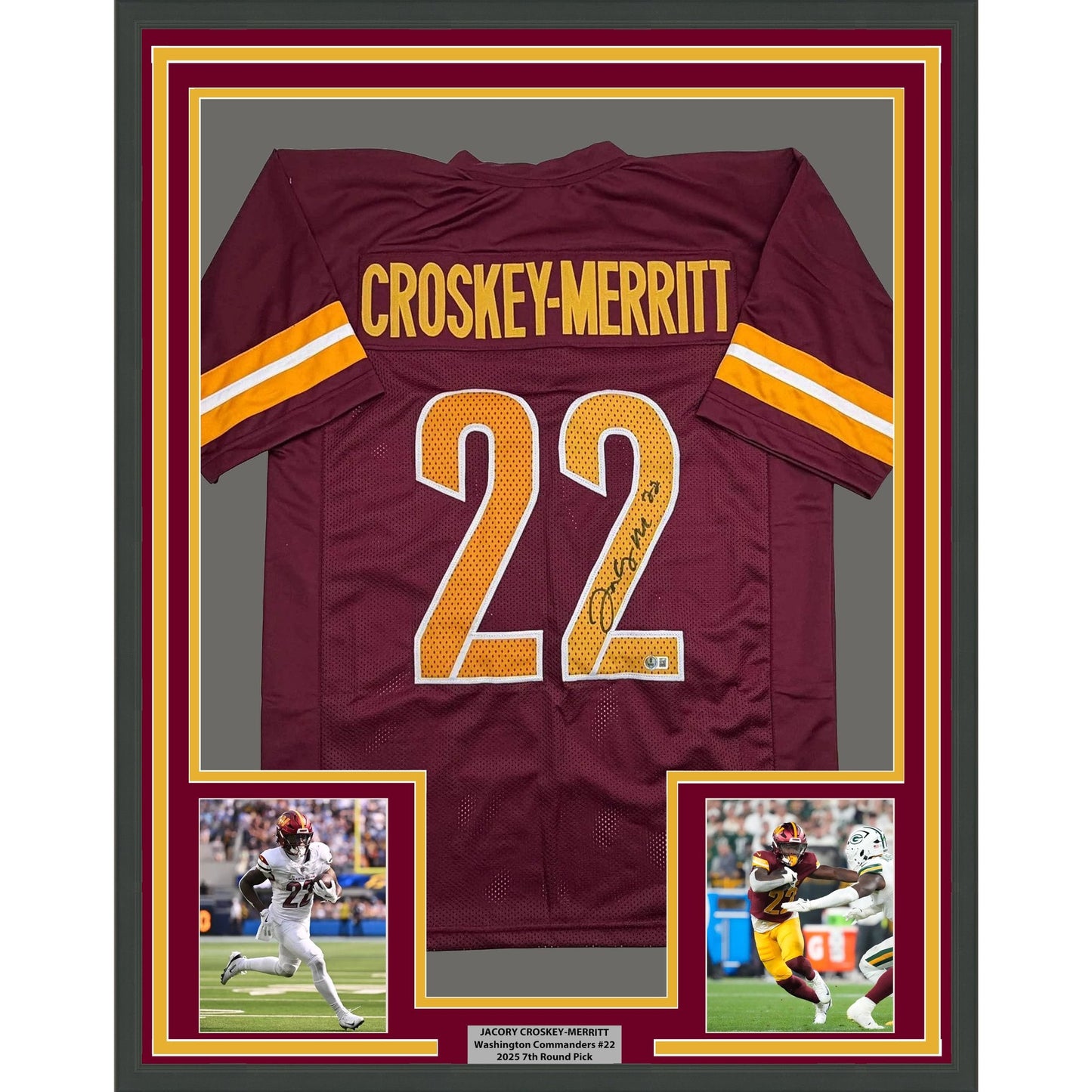 Framed Autographed/Signed Bill Jacory Croskey-Merritt 35x39 Washington Burgundy Football Jersey Beckett BAS COA
