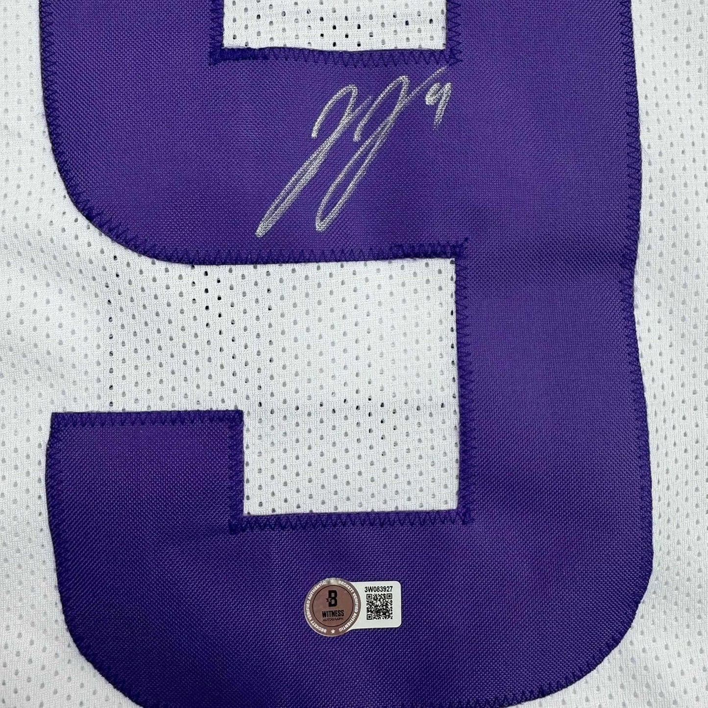 Framed Autographed/Signed J.J. JJ McCarthy 35x39 Minnesota White Football Jersey Beckett BAS COA