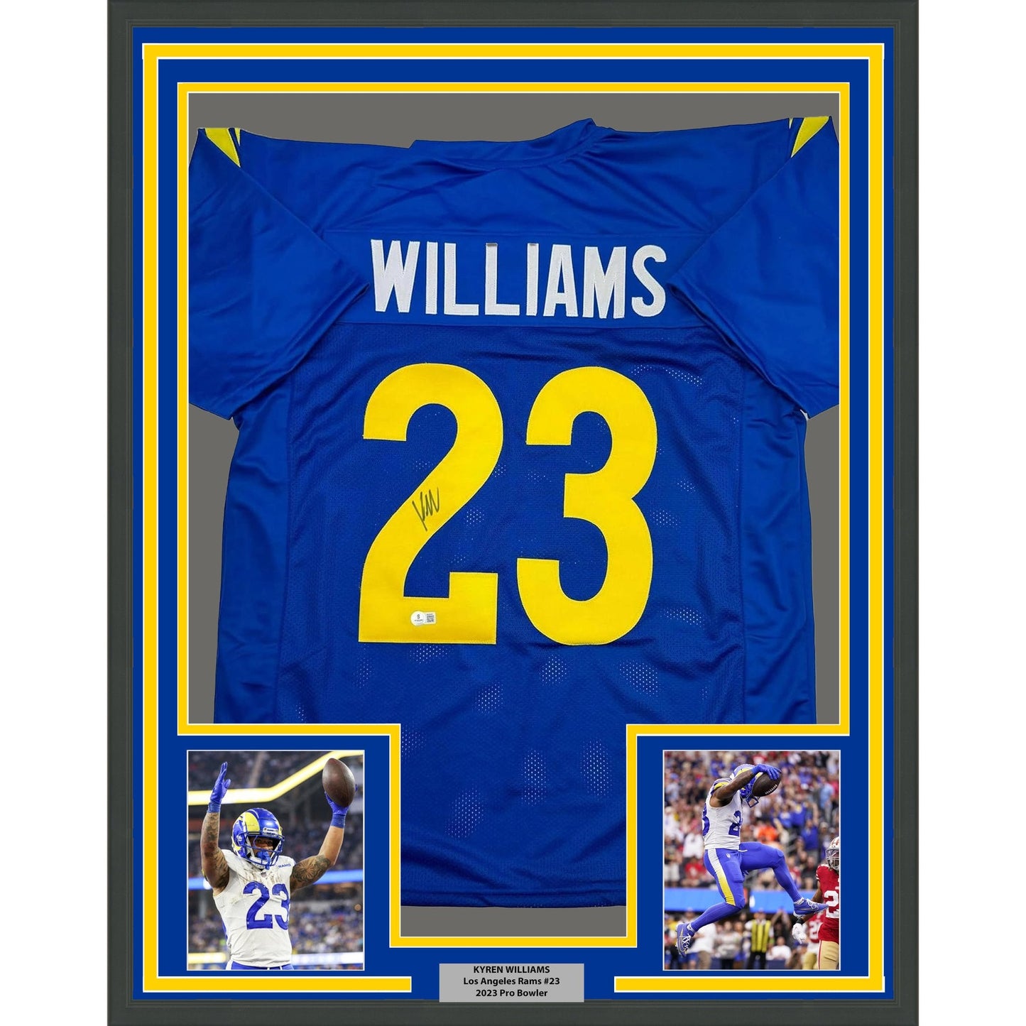 Framed Autographed/Signed Kyren Williams 35x39 Los Angeles LA Blue Football Jersey Beckett BAS COA #2