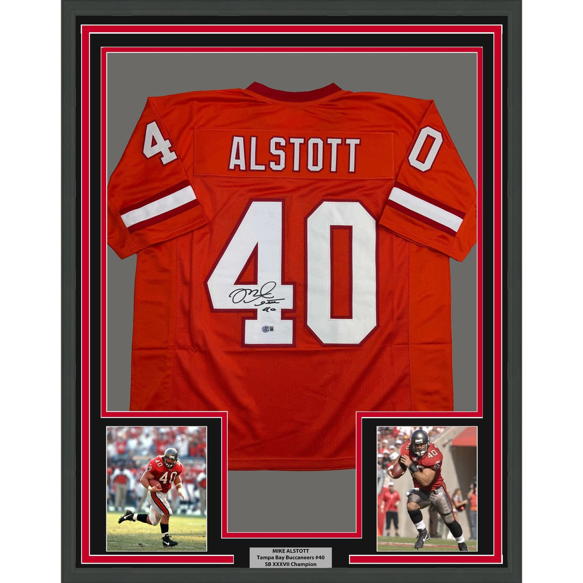 Framed Autographed/Signed Mike Alstott 35x39 Tampa Bay Orange Creamsicle Football Jersey Beckett BAS COA