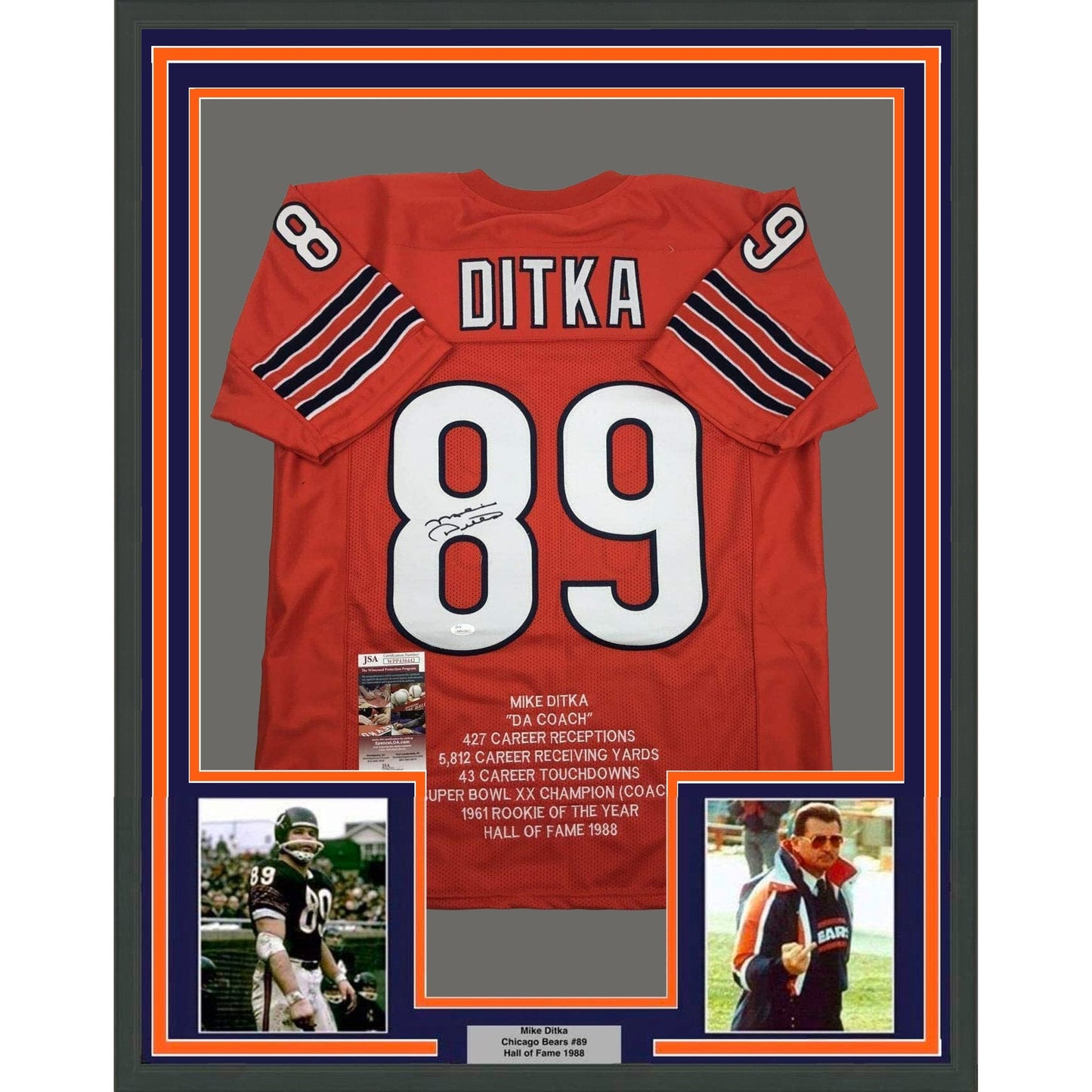Framed Autographed/Signed Mike Ditka 35x39 Chicago Orange Stat Football Jersey JSA COA