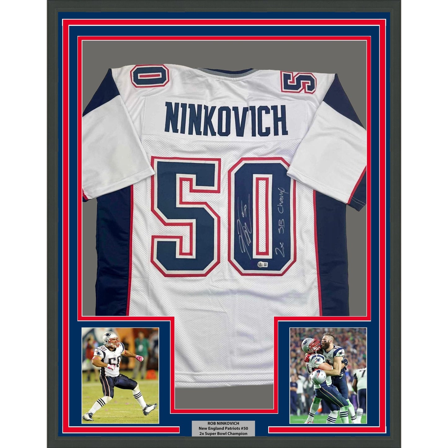Framed Autographed/Signed Rob Ninkovich "2x SB Champ" 35x39 New England White Football Jersey Beckett BAS COA