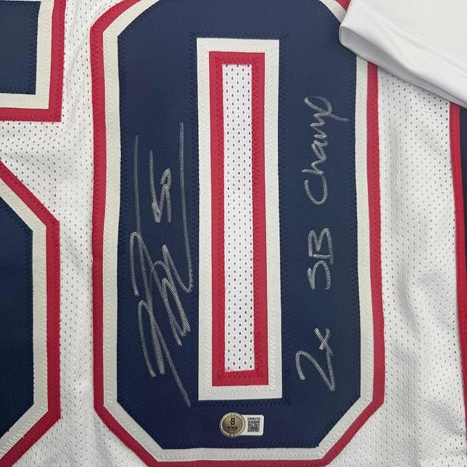 Framed Autographed/Signed Rob Ninkovich "2x SB Champ" 35x39 New England White Football Jersey Beckett BAS COA