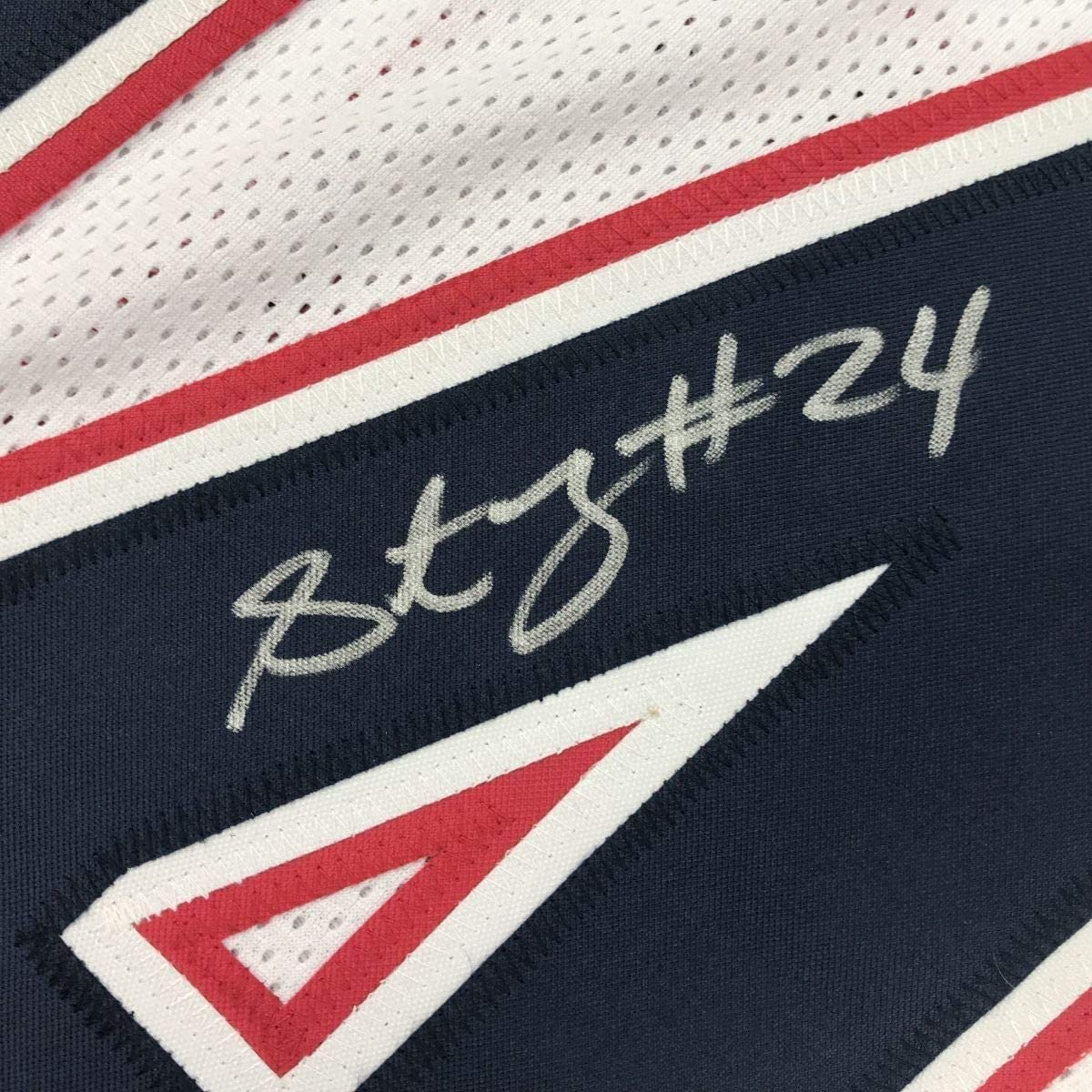 Framed Autographed/Signed Stephon Gilmore 35x39 New England White Football Jersey JSA COA