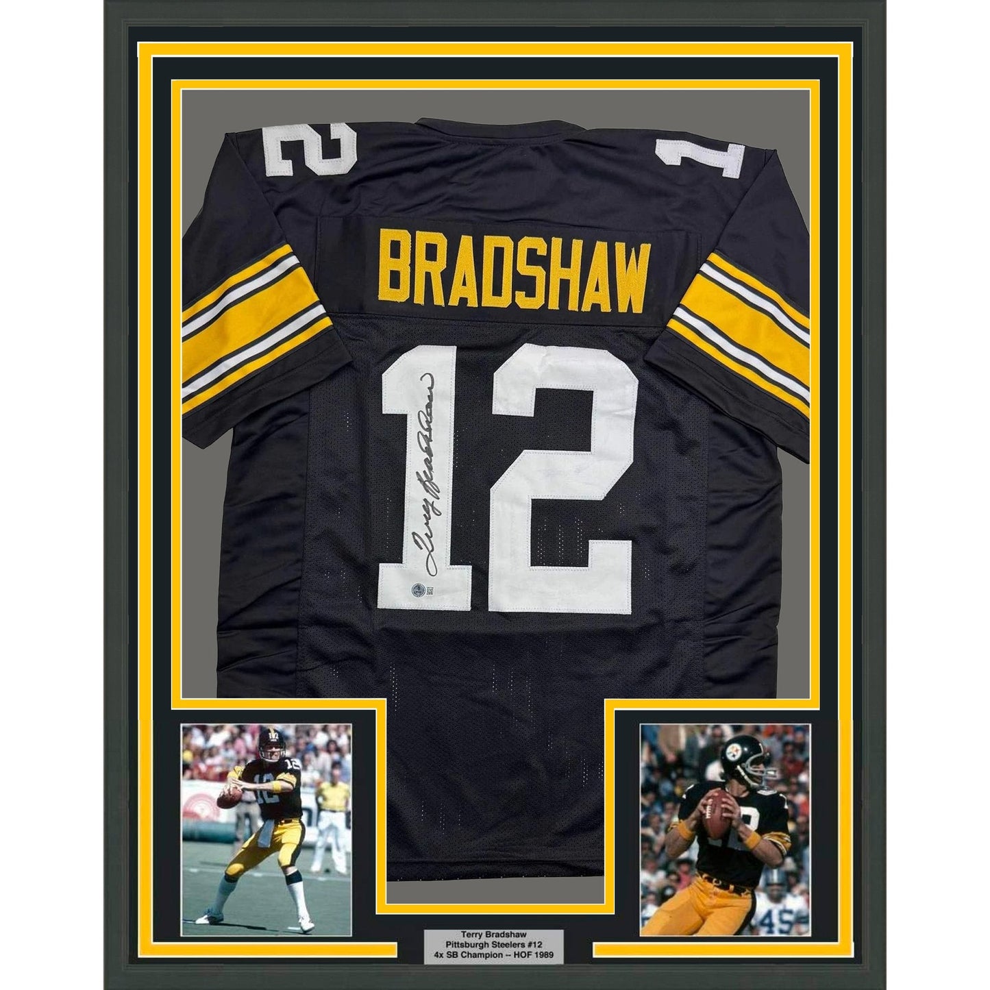 Framed Autographed/Signed Terry Bradshaw 35x39 Pittsburgh Black Football Jersey Beckett BAS COA