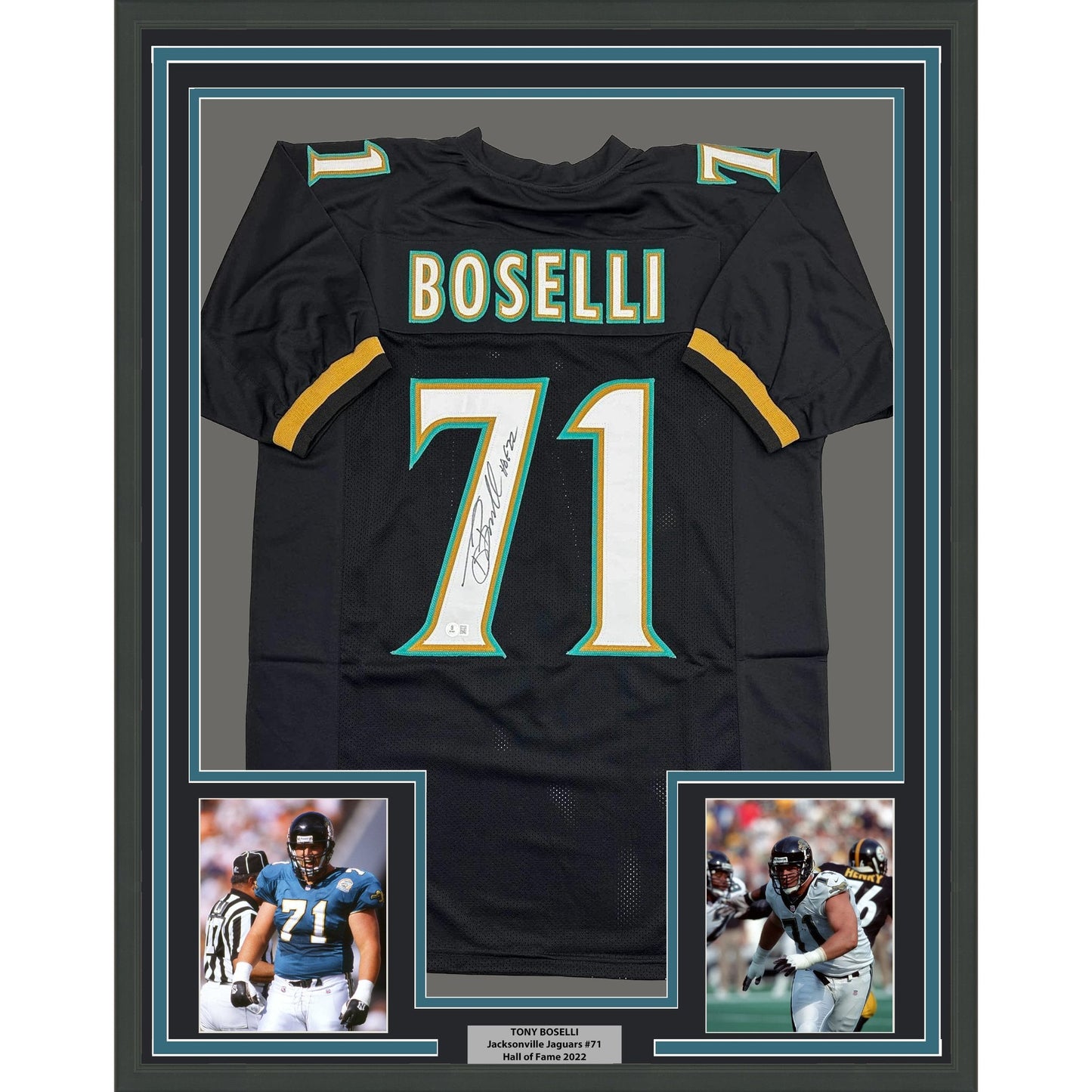 Framed Autographed/Signed Tony Boselli 35x39 HOF 22 Jacksonville Black Football Jersey Beckett BAS COA