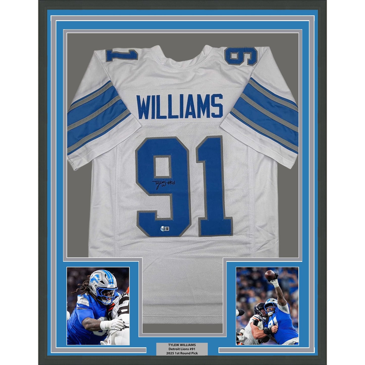 Framed Autographed/Signed Tyleik Williams 35x39 Detroit White Football Jersey Beckett BAS COA