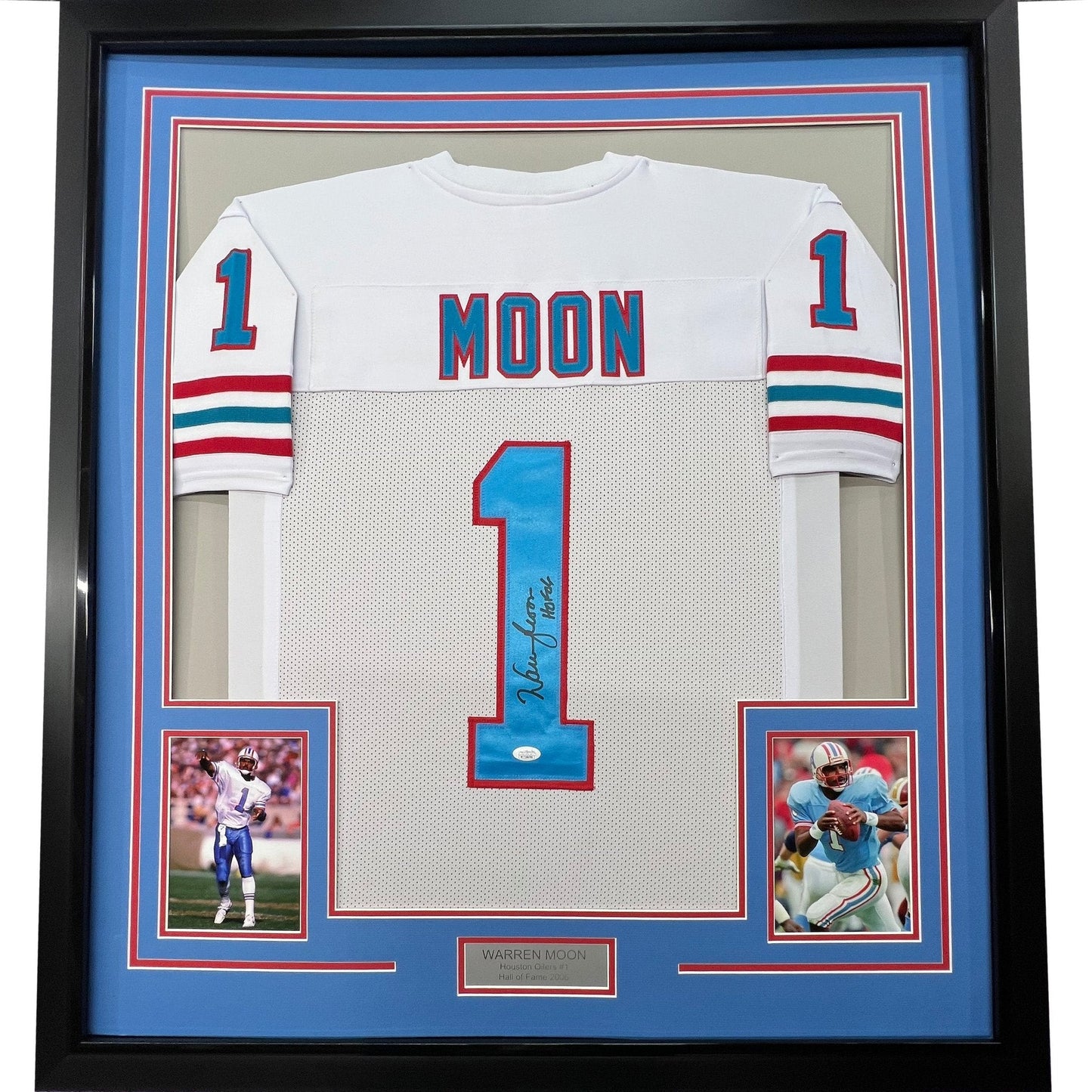 Framed Autographed/Signed Warren Moon 35x39 HOF 06 Houston White Football Jersey JSA COA