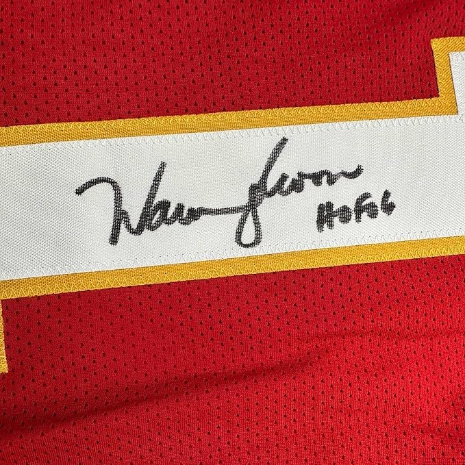 Framed Autographed/Signed Warren Moon 35x39 HOF 06 Kansas City Red Football Jersey JSA COA
