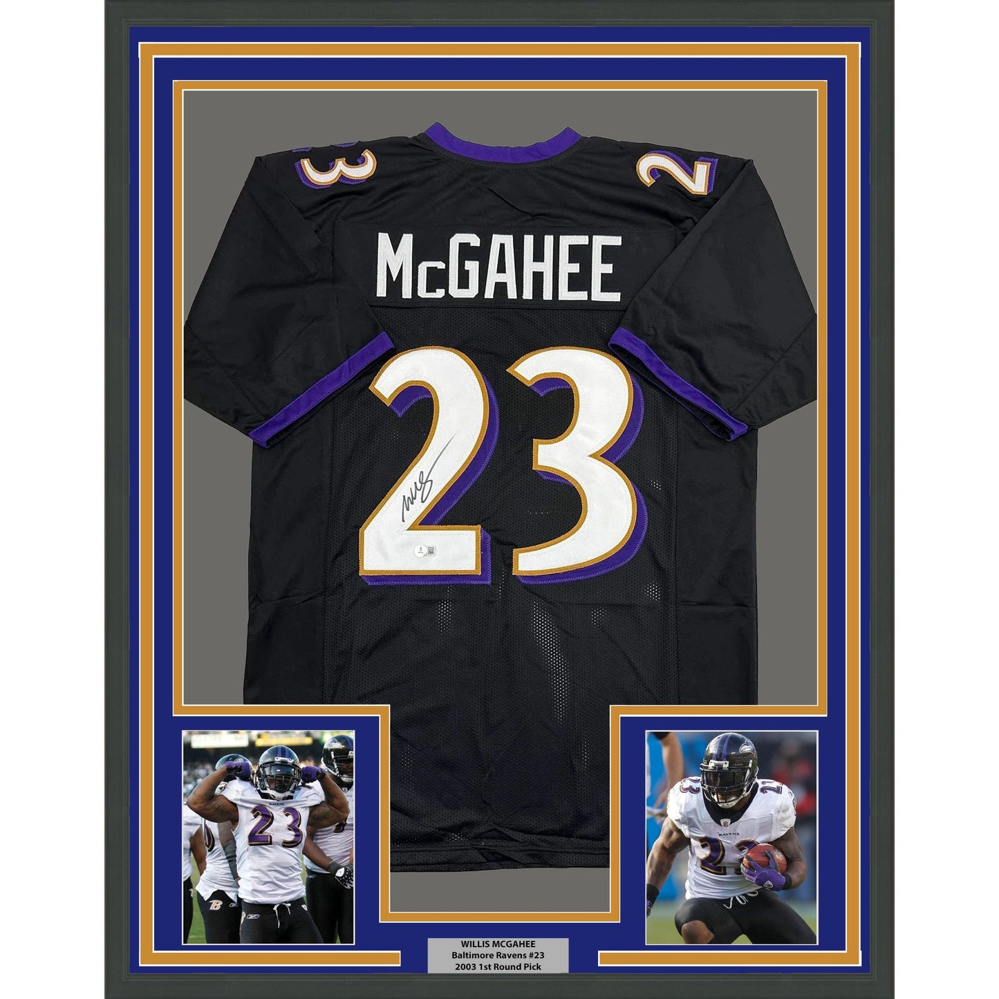 Framed Autographed/Signed Willis McGahee 35x39 Baltimore Black Football Jersey Beckett BAS COA