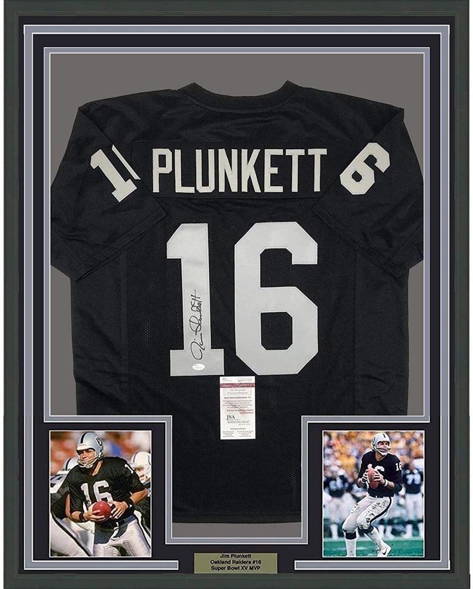 Framed Autographed/Signed Jim Plunkett 35x39 Oakland Black Football Jersey JSA COA