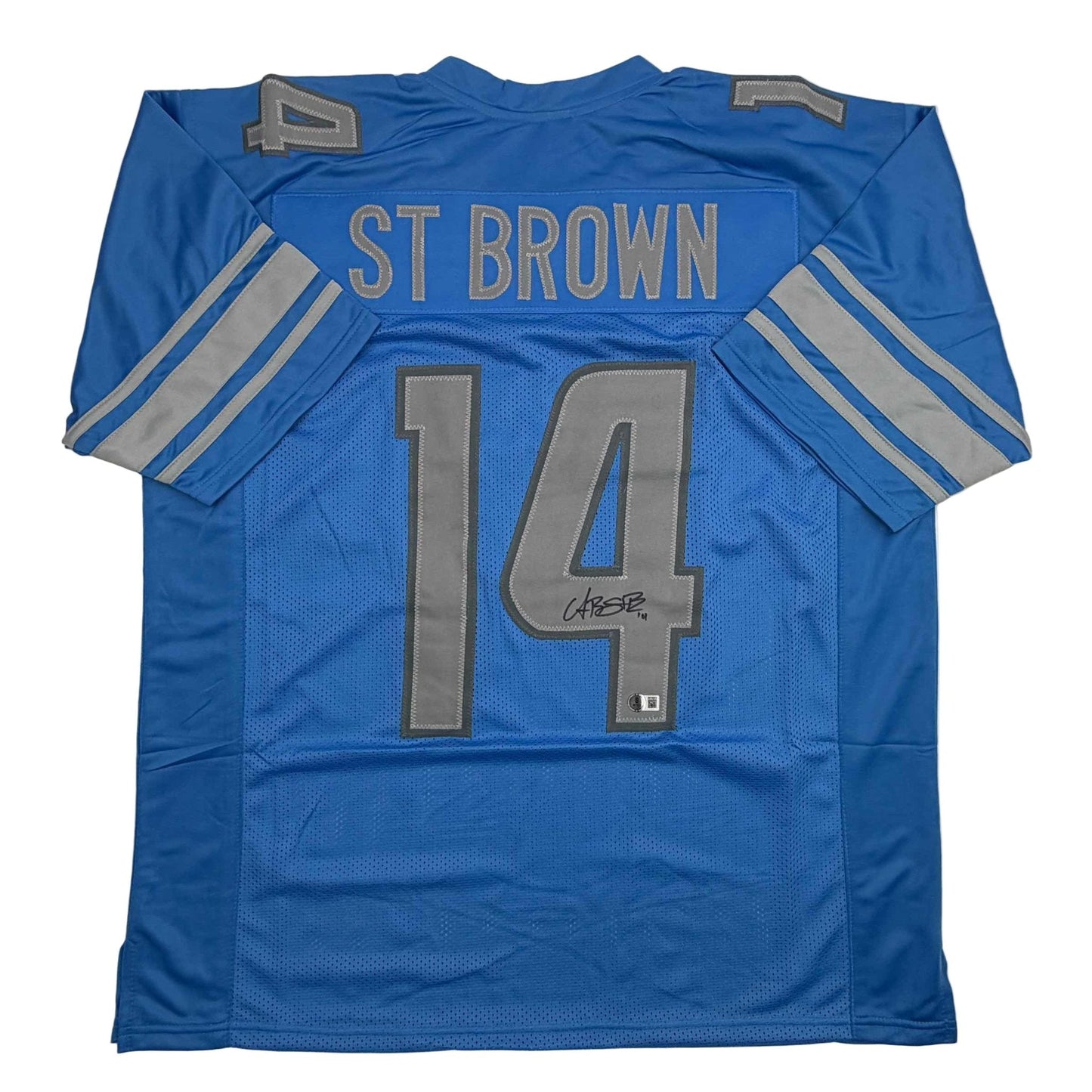 Autographed/Signed Amon-Ra St. Brown Detroit Blue Football Jersey Beckett BAS COA