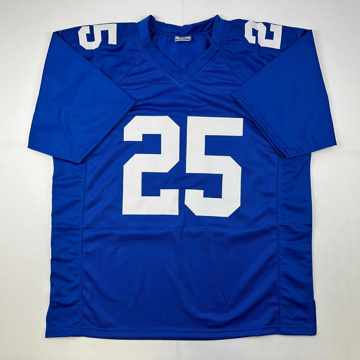 Autographed/Signed Deonte Banks New York Blue Football Jersey Beckett BAS COA