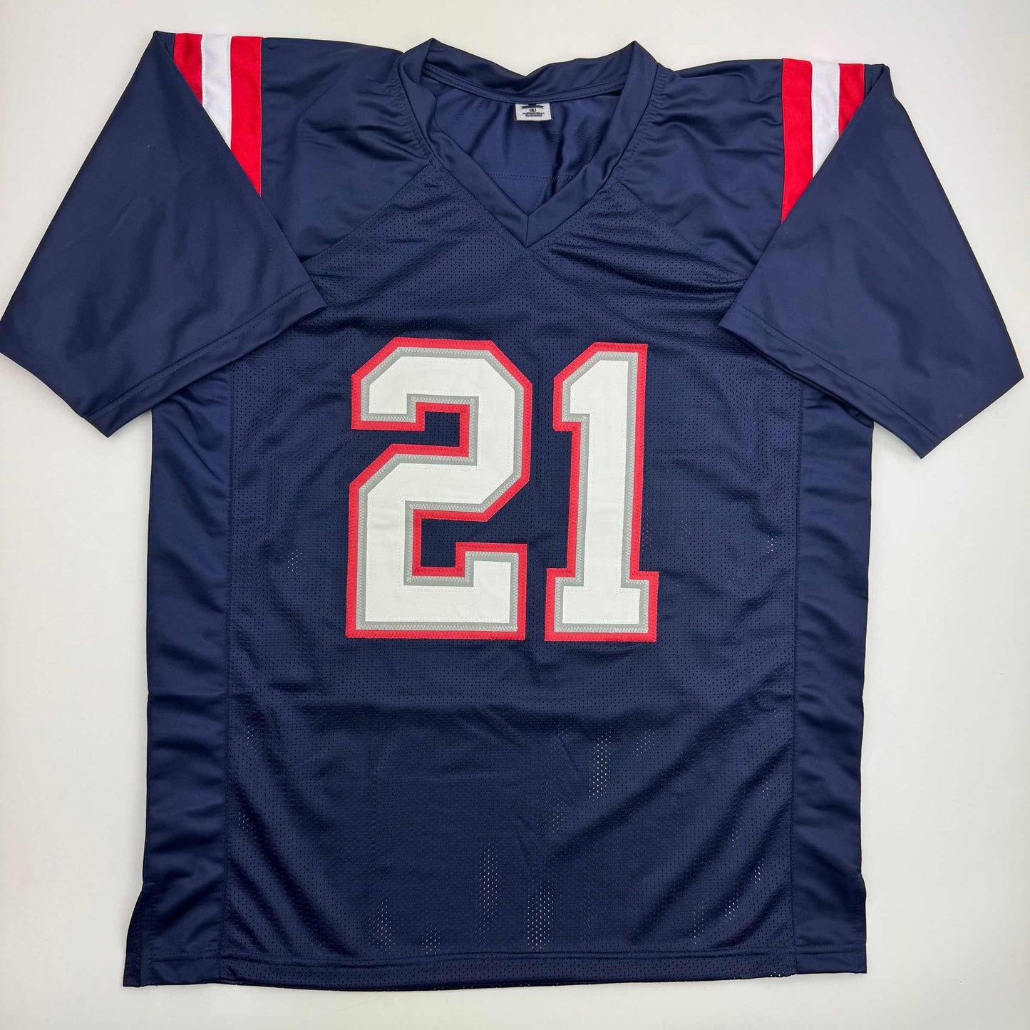 Autographed/Signed Jaylinn Hawkins New England Blue Football Jersey Beckett BAS COA