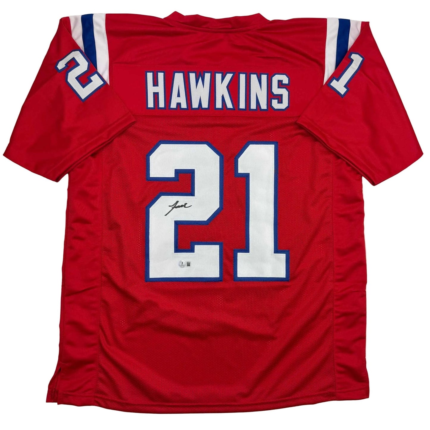 Autographed/Signed Jaylinn Hawkins New England Red Football Jersey Beckett BAS COA