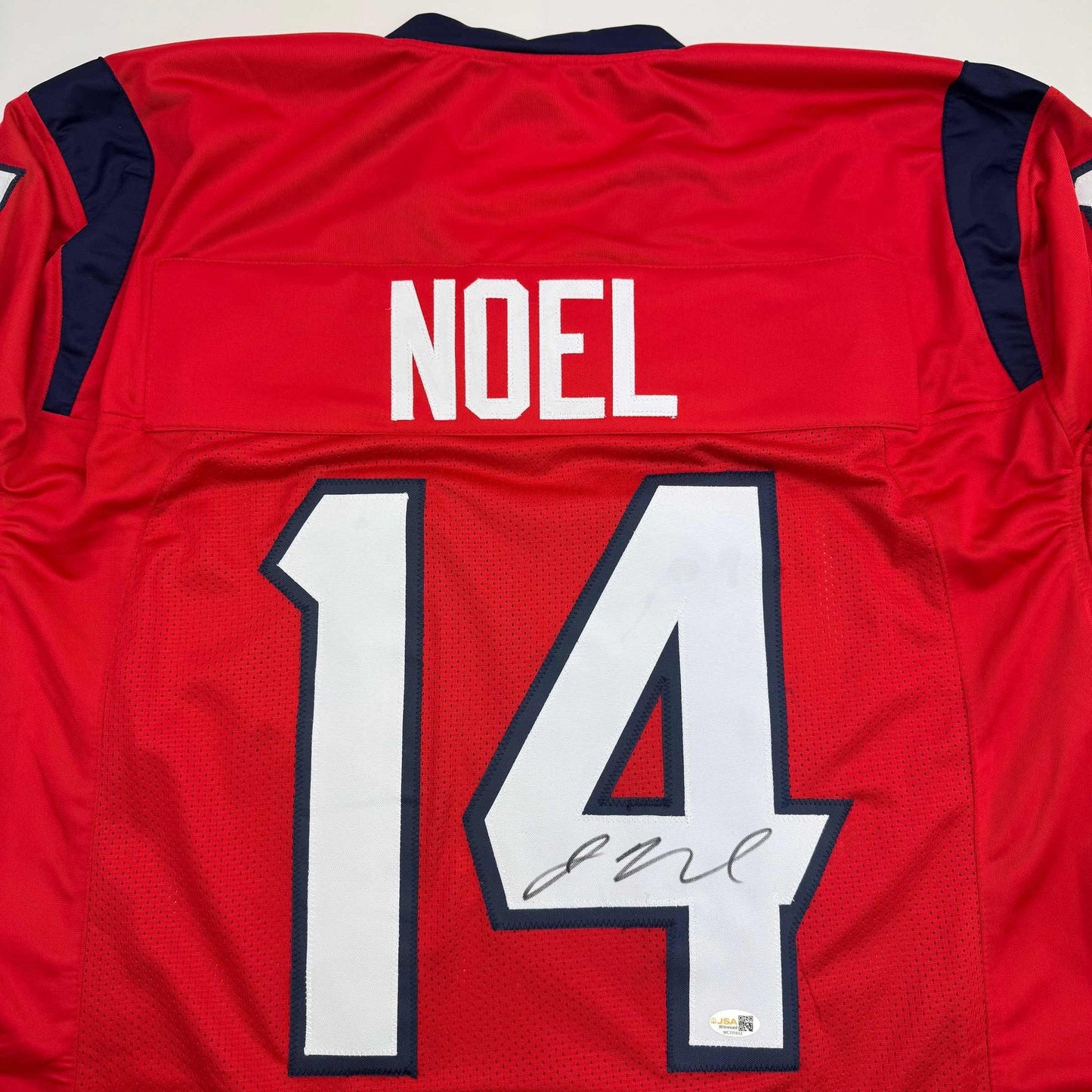 Autographed/Signed Jaylin Noel Houston Red Football Jersey JSA COA