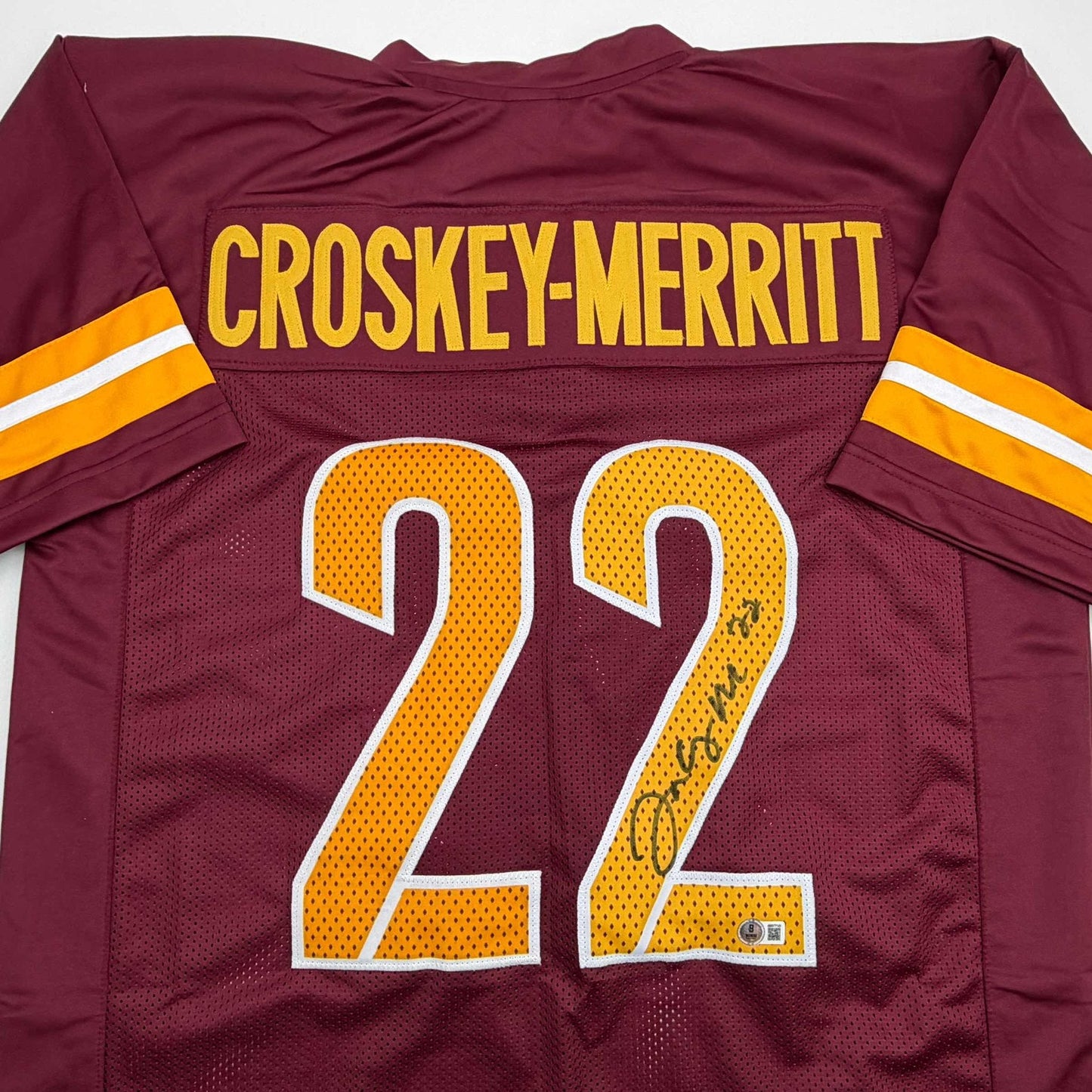 Autographed/Signed Bill Jacory Croskey-Merritt Washington Burgundy Football Jersey Beckett BAS COA