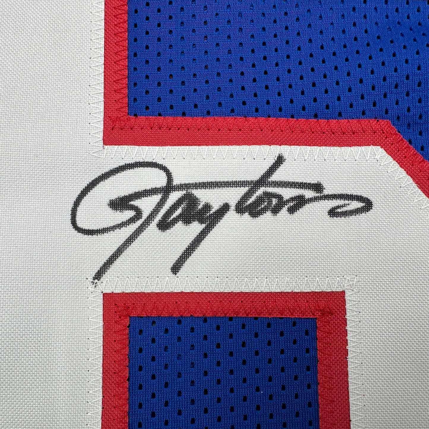 Autographed/Signed Lawrence Taylor New York Blue Stat Football Jersey Beckett BAS COA