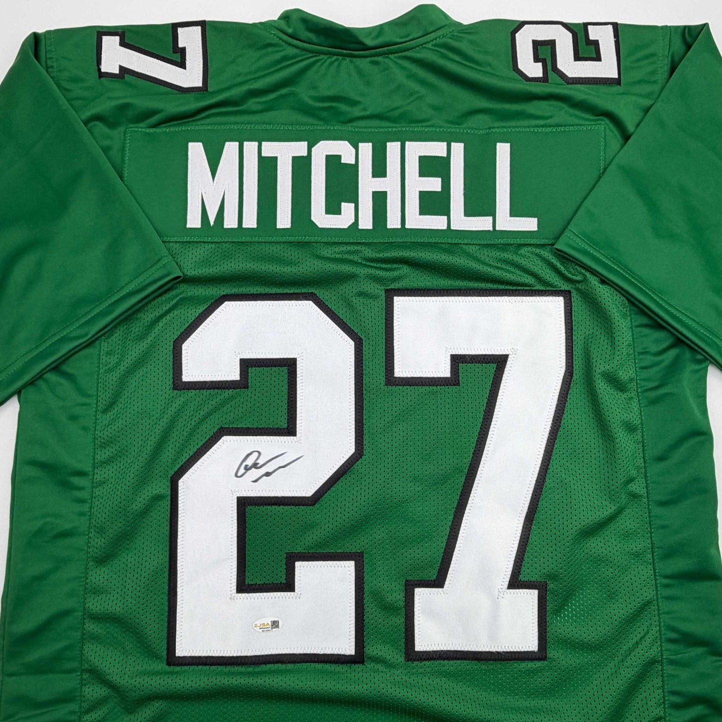 Autographed/Signed Quinyon Mitchell Philadelphia Kelly Green Football Jersey JSA COA