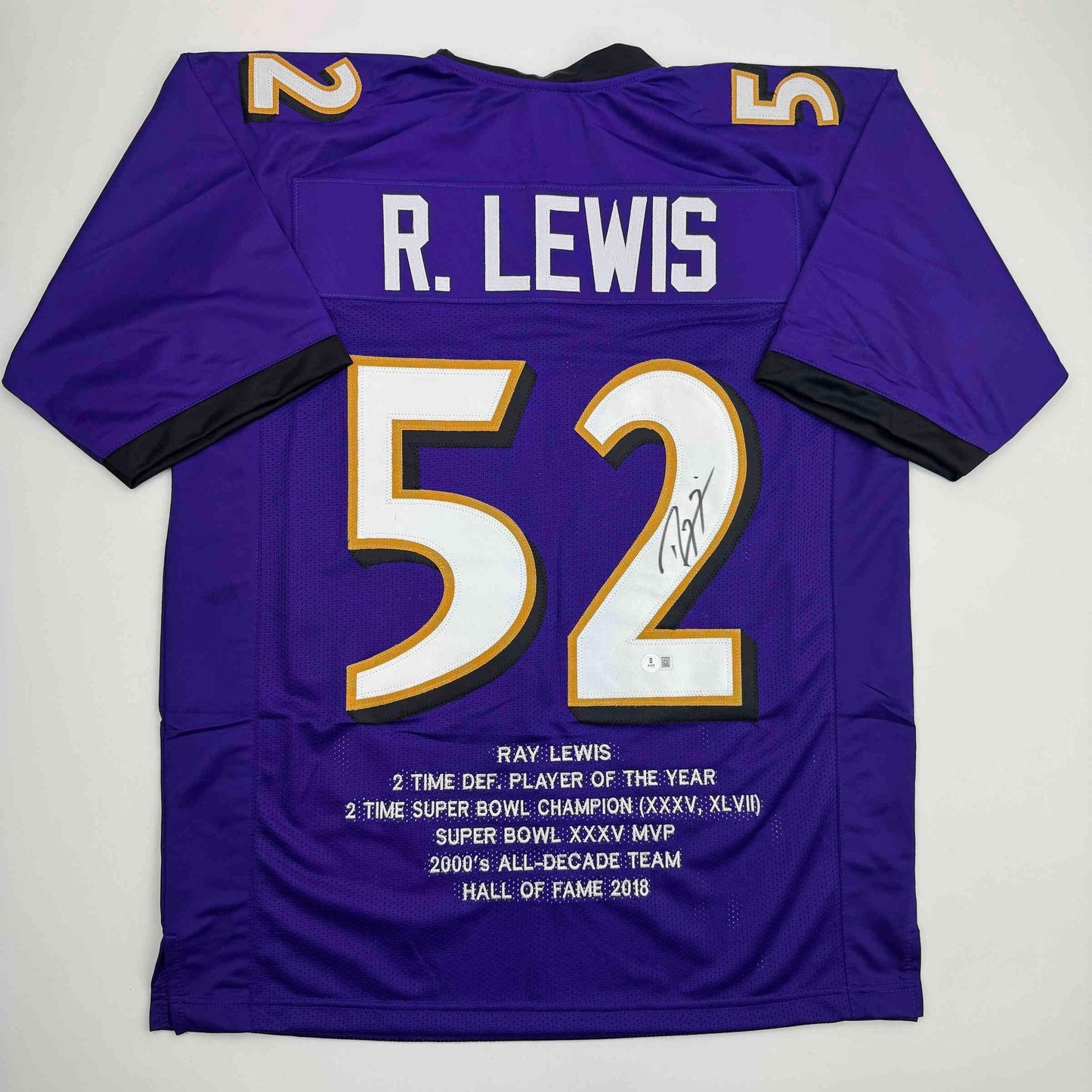 Autographed/Signed Ray Lewis Baltimore Purple Stat Football Jersey Beckett BAS COA