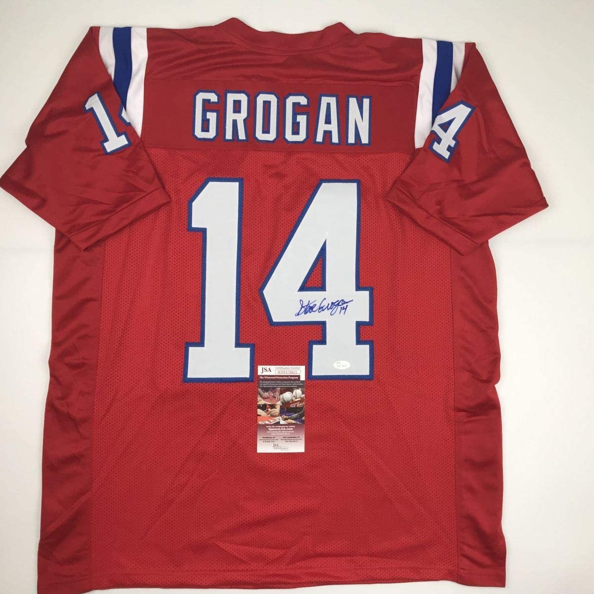 Autographed/Signed Steve Grogan New England Red Football Jersey JSA COA