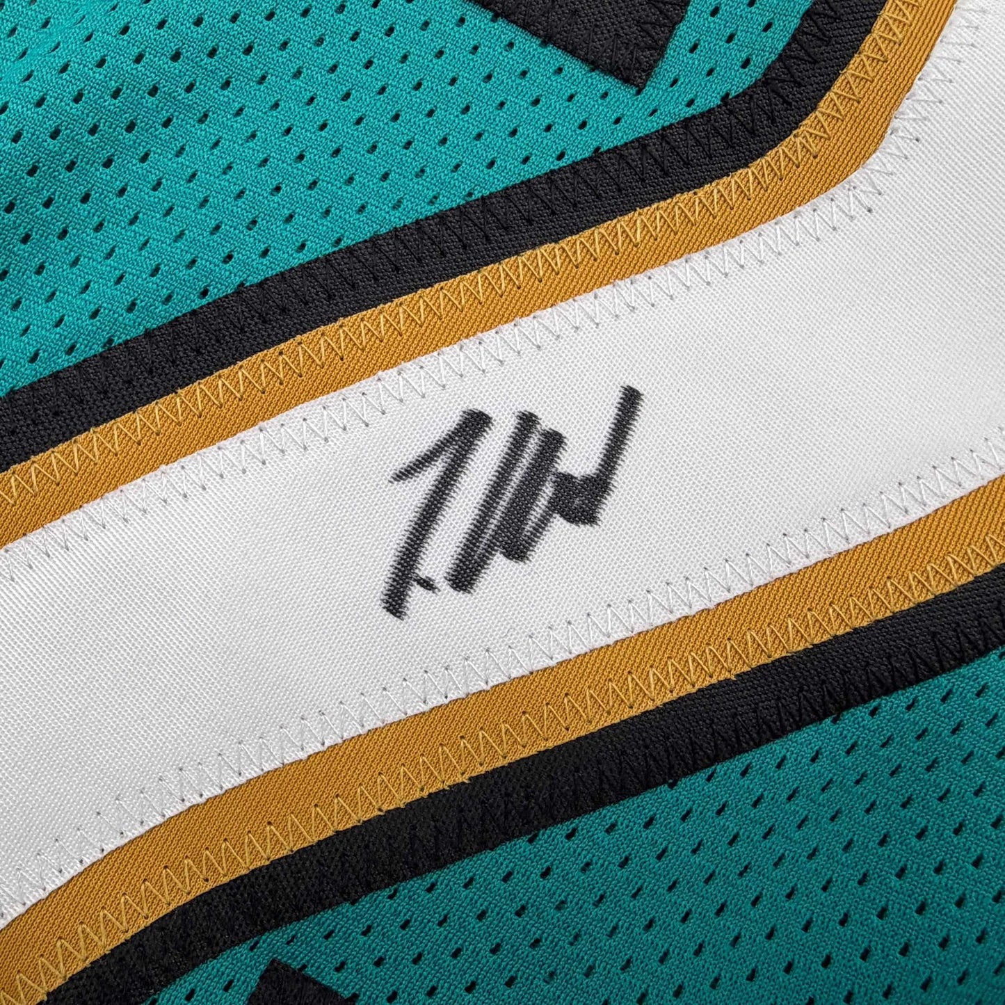 Autographed/Signed Travis Hunter Jacksonville Teal Retro Football Jersey Beckett BAS COA