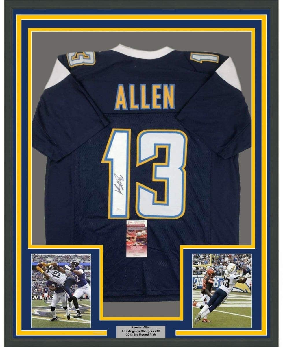Framed Autographed/Signed Keenan Allen 35x39 Los Angeles LA Dark Blue Football Jersey JSA COA
