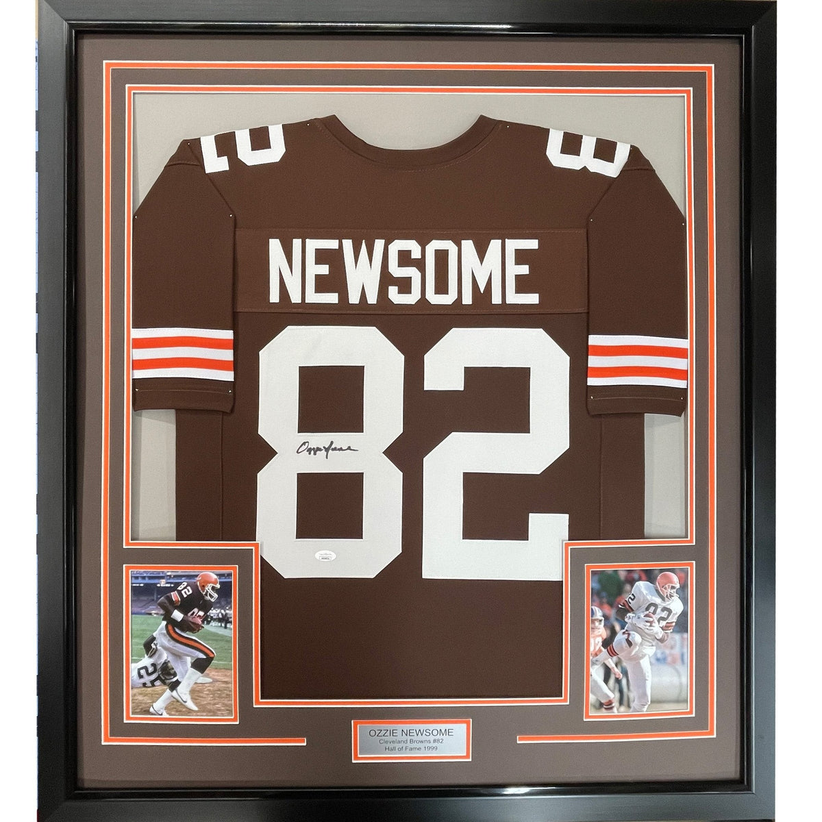 Framed Autographed/Signed Ozzie Newsome 35x39 Cleveland Brown Football Jersey JSA COA