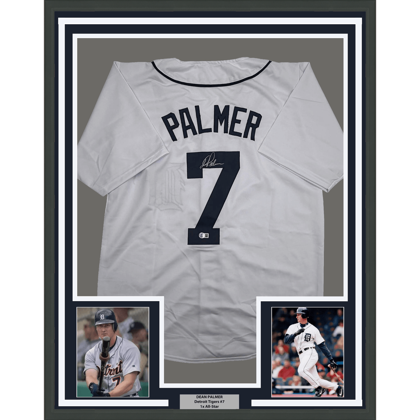 Framed Autographed/Signed Dean Palmer 35x39 Detroit White Baseball Jersey Beckett BAS COA