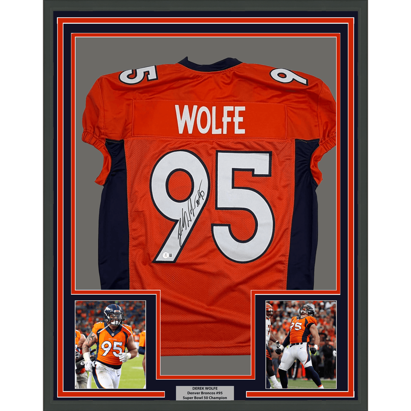 Framed Autographed/Signed Derek Wolfe 35x39 Denver Orange Pro Cut Football Jersey Beckett BAS COA