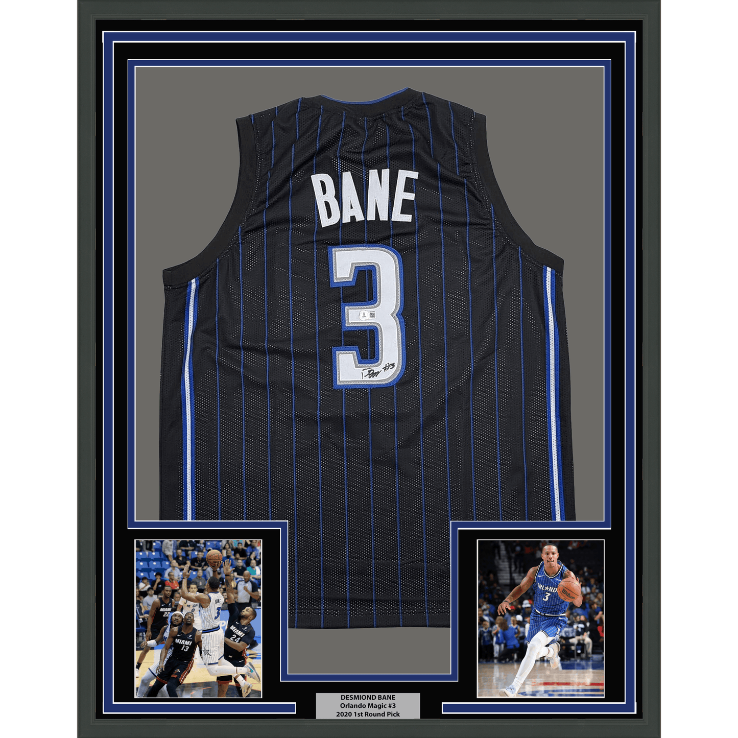 Framed Autographed/Signed Desmond Bane 35x39 Orlando Black Pinstripe Basketball Jersey Beckett BAS COA