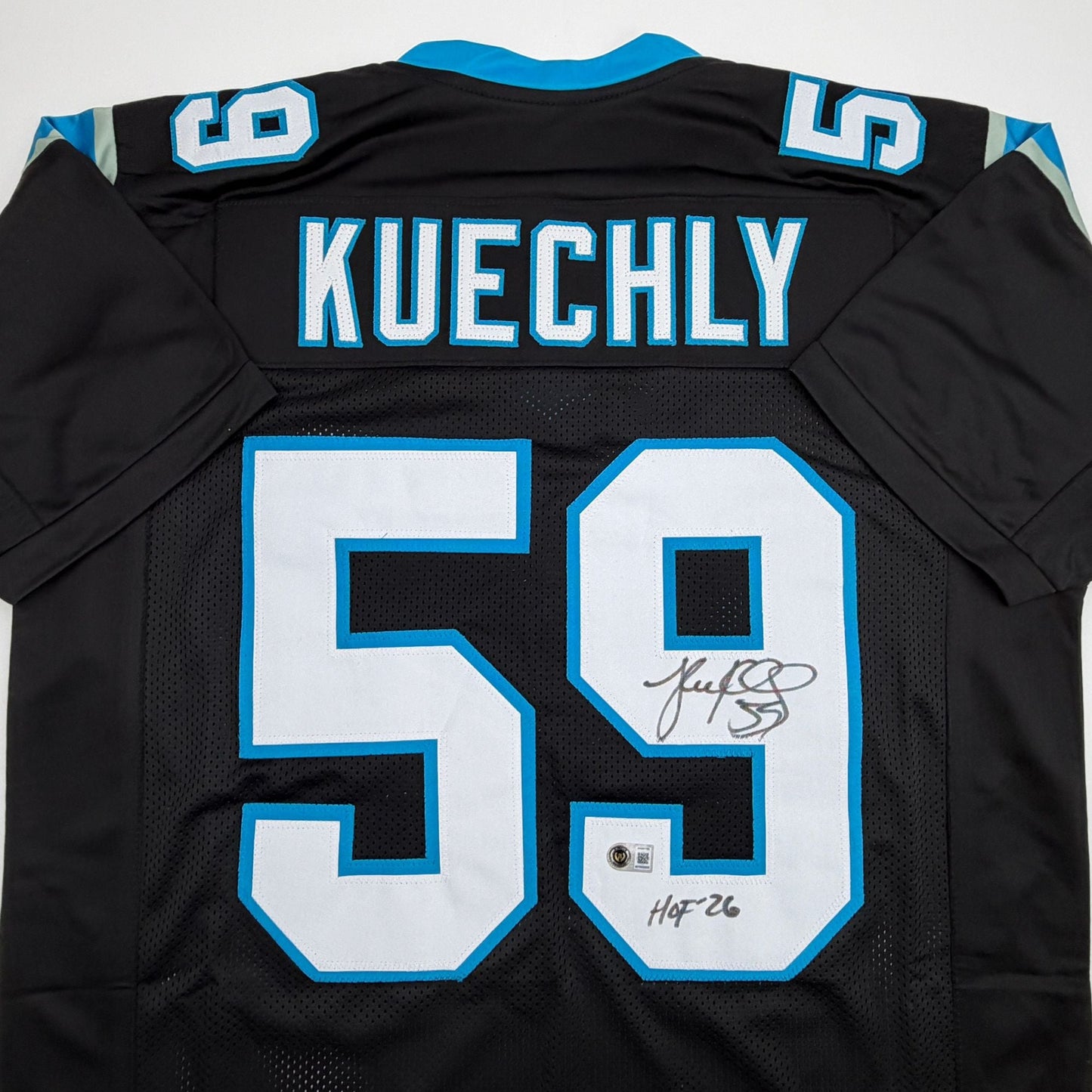 Autographed/Signed Luke Kuechly HOF 26 Carolina Black Football Jersey Beckett BAS COA