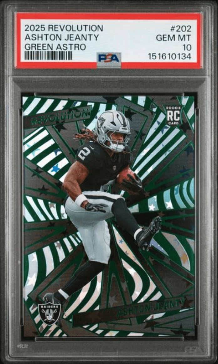 Graded 2025 Panini Revolution Ashton Jeanty #202 Green Astro /699 Rookie RC Football Card PSA 10 Gem Mint