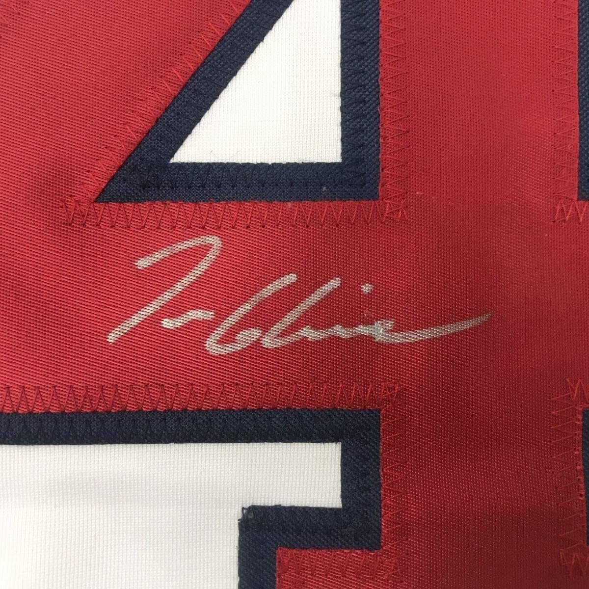 Framed Autographed/Signed Tom Glavine 35x39 Atlanta White Stat Baseball Jersey JSA COA