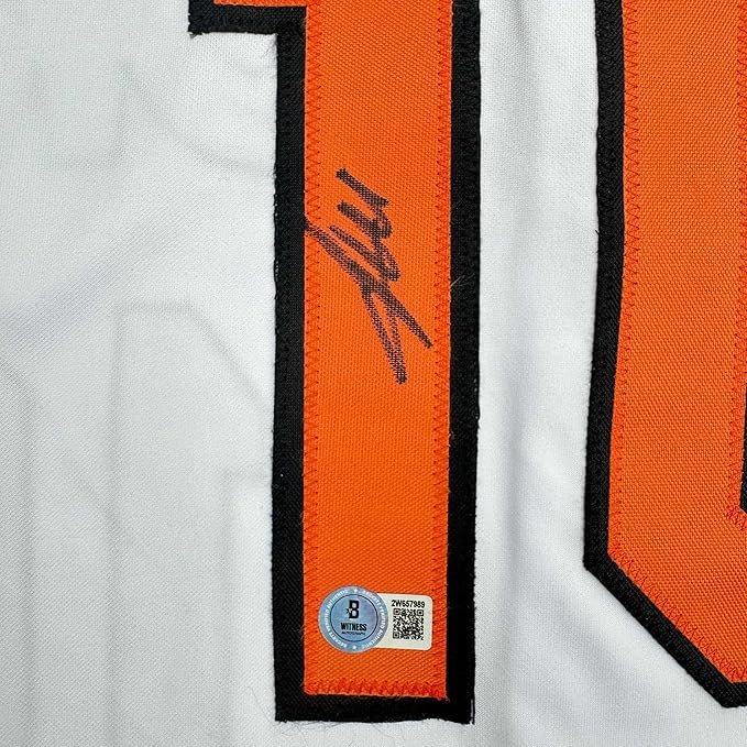 Framed Autographed/Signed Miguel Tejada 35x39 Baltimore White Baseball Jersey Beckett BAS COA