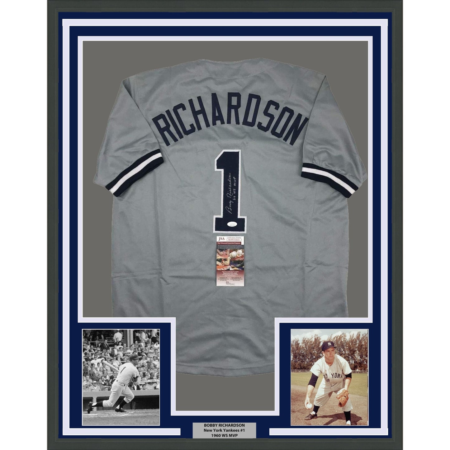 Framed Autographed/Signed Bobby Richardson 35x39 60 WS MVP New York Grey Baseball Jersey JSA COA
