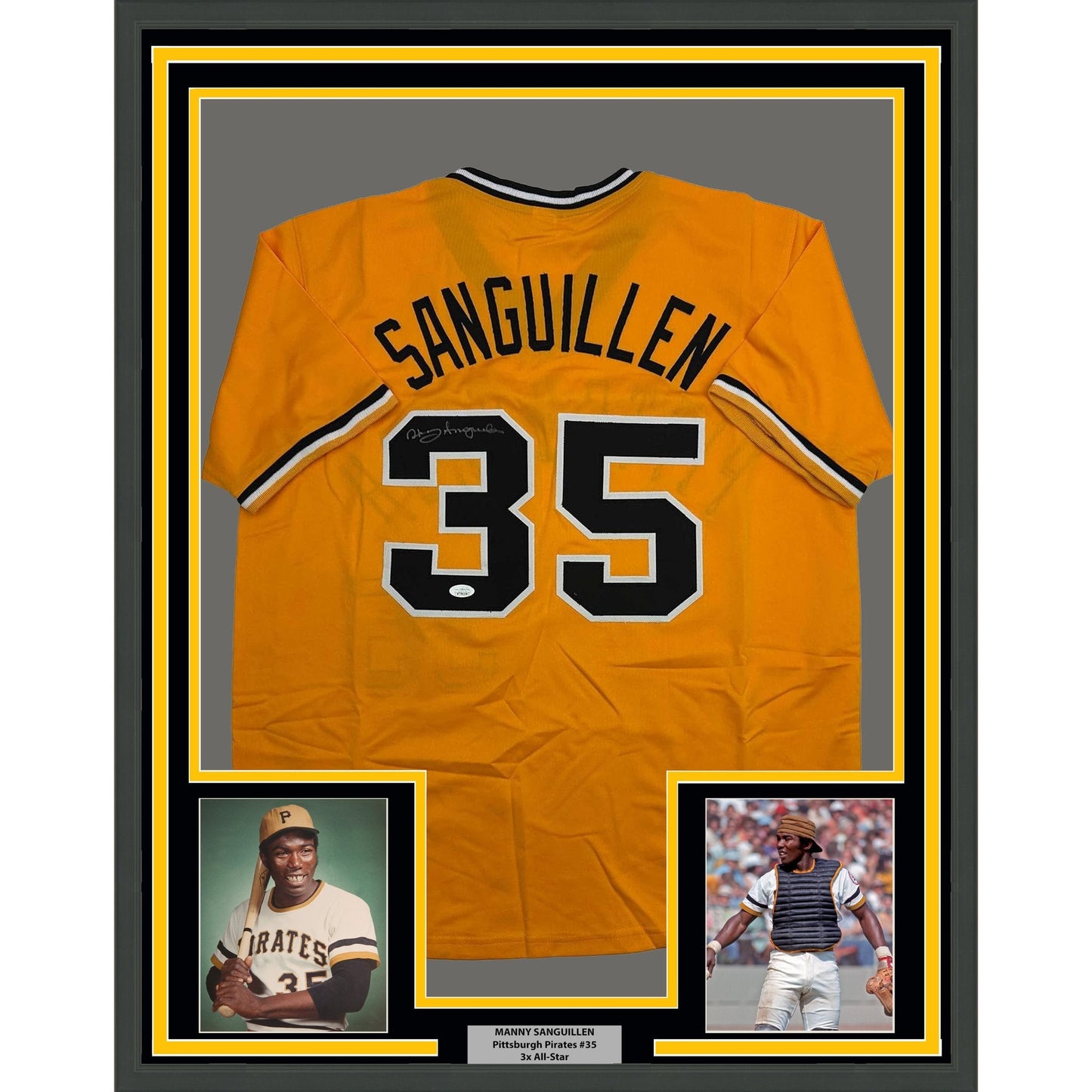Framed Autographed/Signed Manny Sanguillen 35x39 Pittsburgh Yellow Baseball Jersey JSA COA