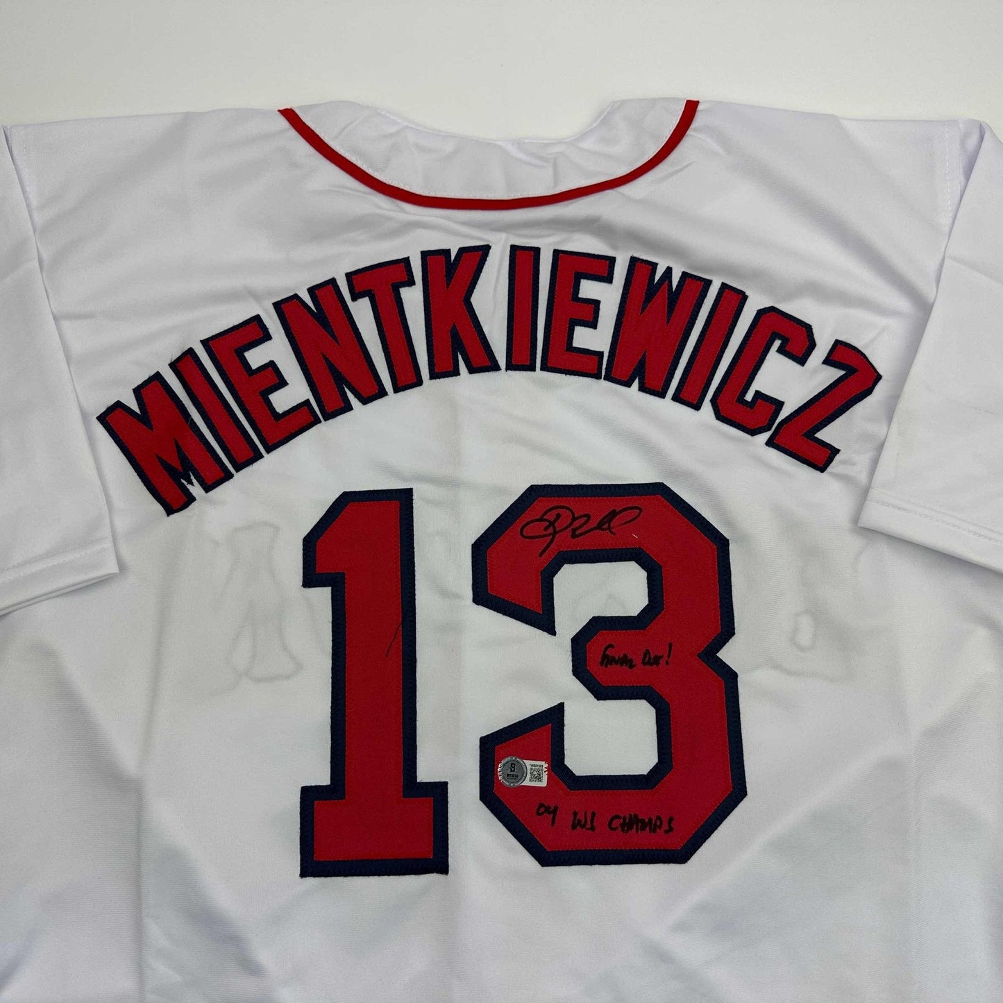 Autographed/Signed Doug Mientkiewicz Final Out! 04 WS Champs! Boston White Baseball Jersey Beckett BAS COA